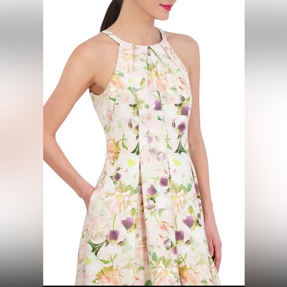 NWT Vince Camuto Sz 6 Pink Jacquard Floral Halter Fit & Flare Dress w/ Pockets - Picture 2 of 16